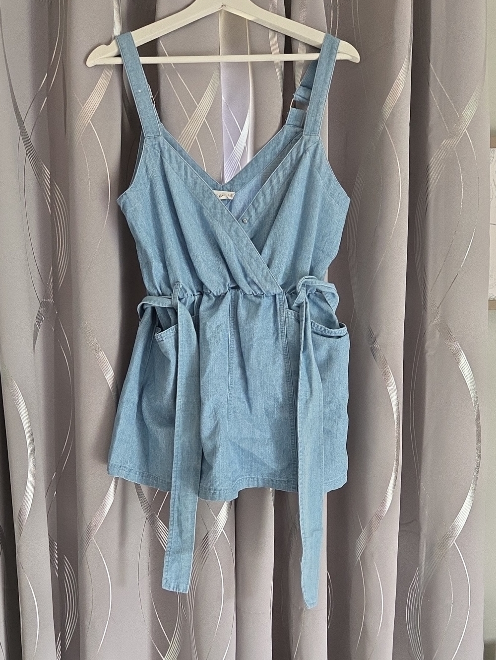 Light Blue Denim Wrap Romper Tank with Waist Tie Small